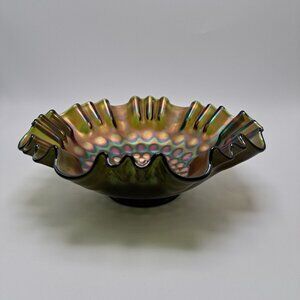 Fenton Green Carnival Glass Coin Dot Bowl